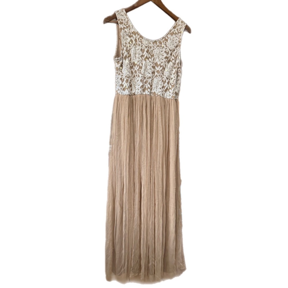 Candalite Maxi Dress Womens Large Tan White Lace Sequin Formal Gown Excellent